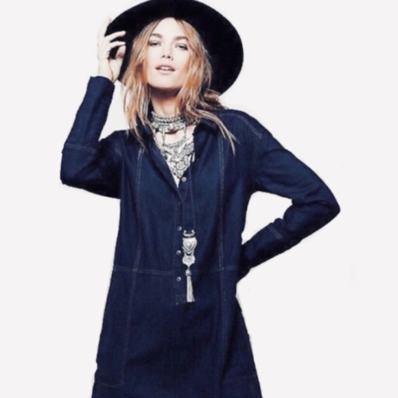 FREE PEOPLE Delicate Detail Denim Mini Shirtdress Size XS - Picture 5 of 16